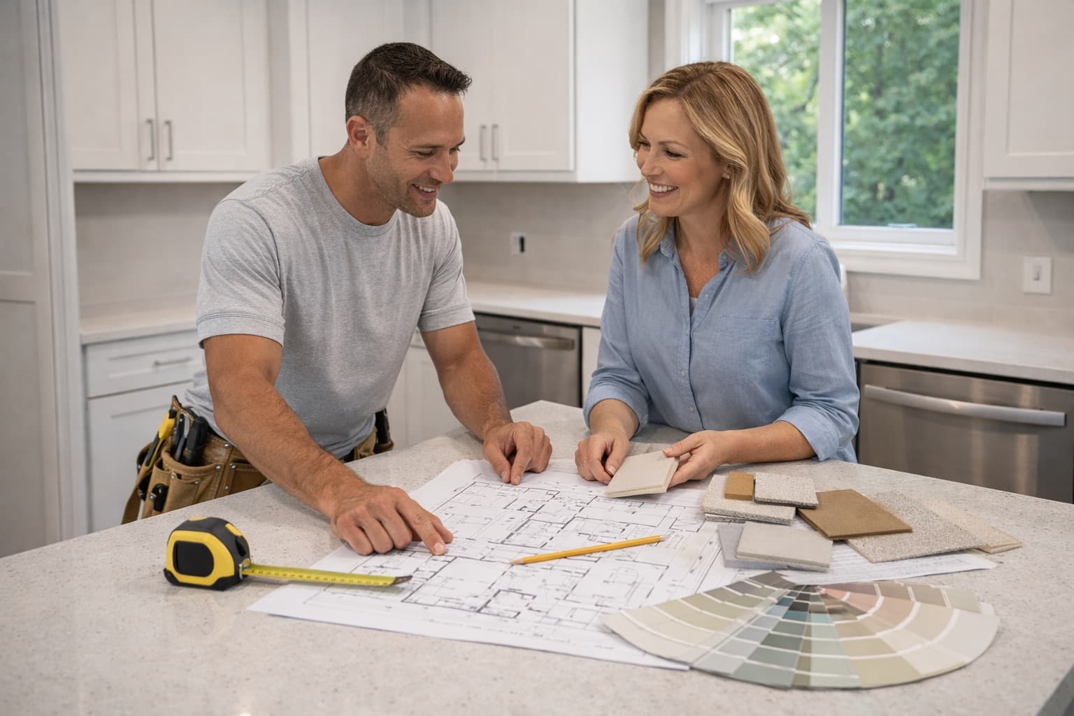 Contractor and homeowner reviewing renovation plans