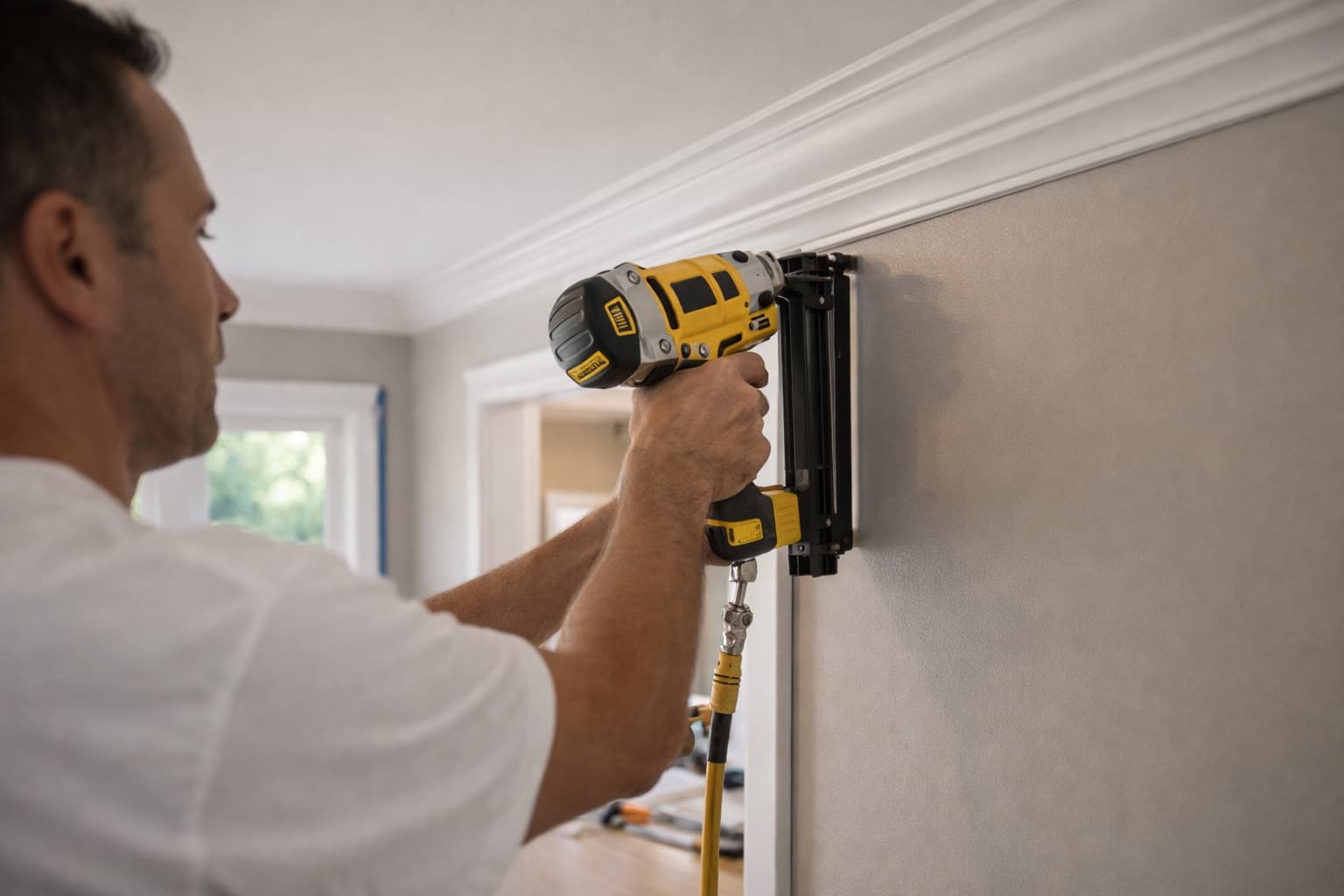 Carpenter installing crown molding