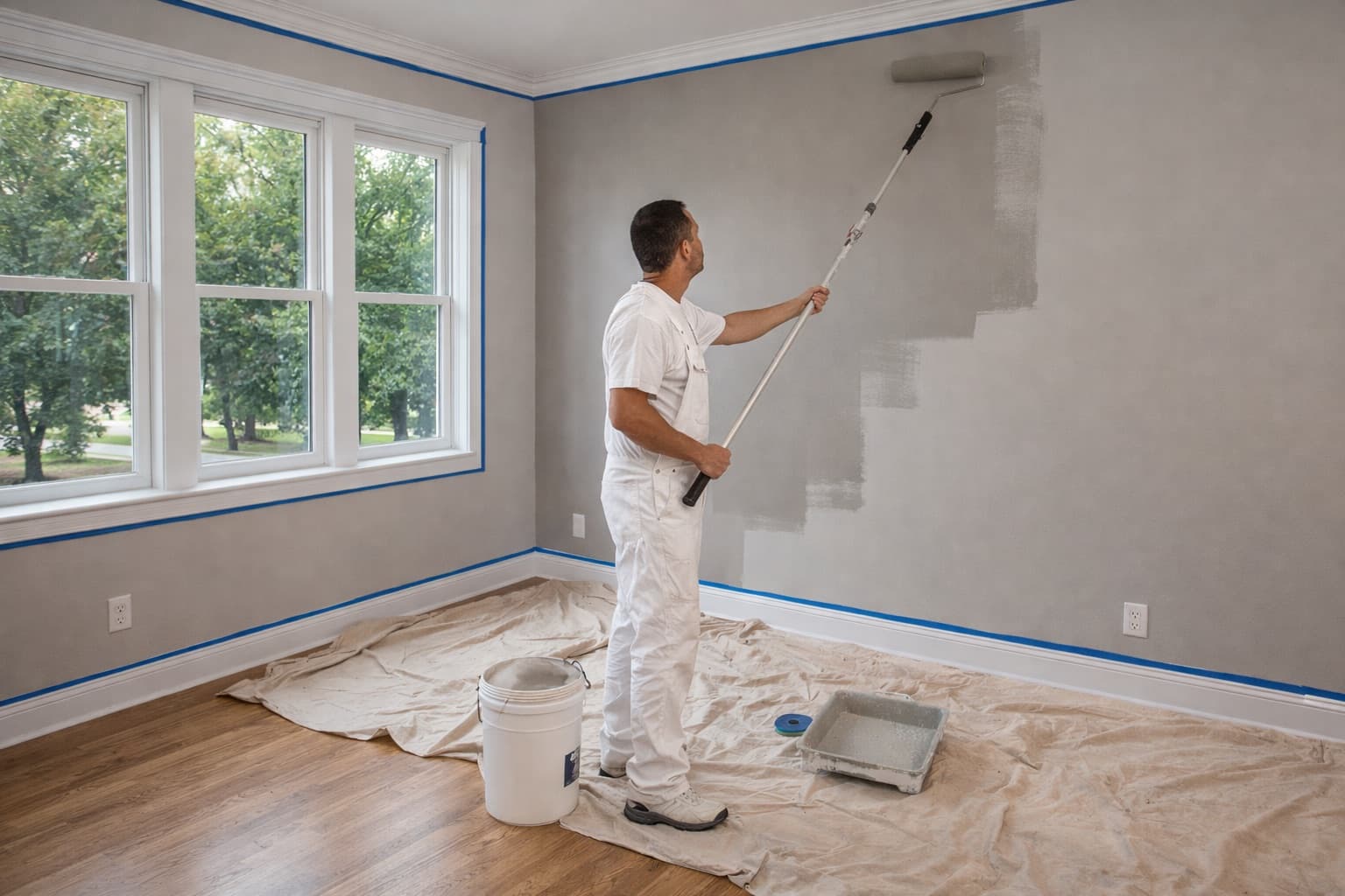 Professional painter rolling paint on interior wall