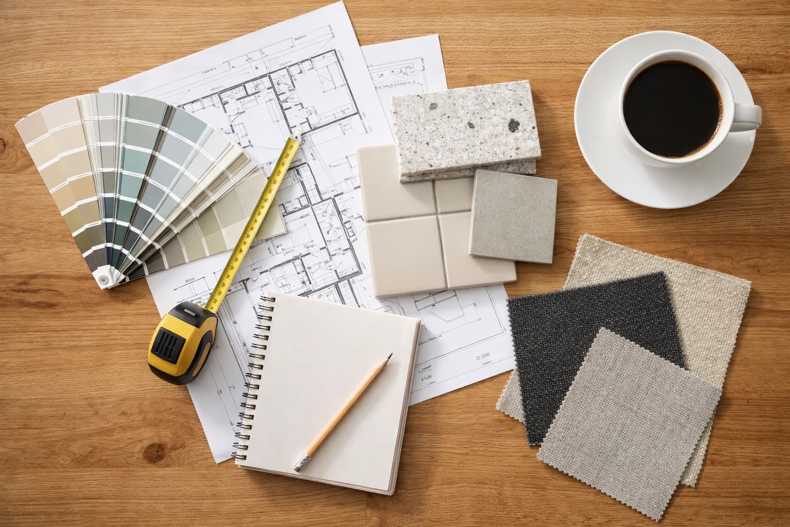 Home improvement planning materials on a table